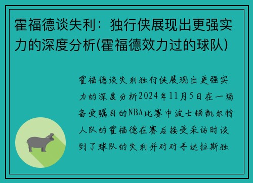 霍福德谈失利：独行侠展现出更强实力的深度分析(霍福德效力过的球队)